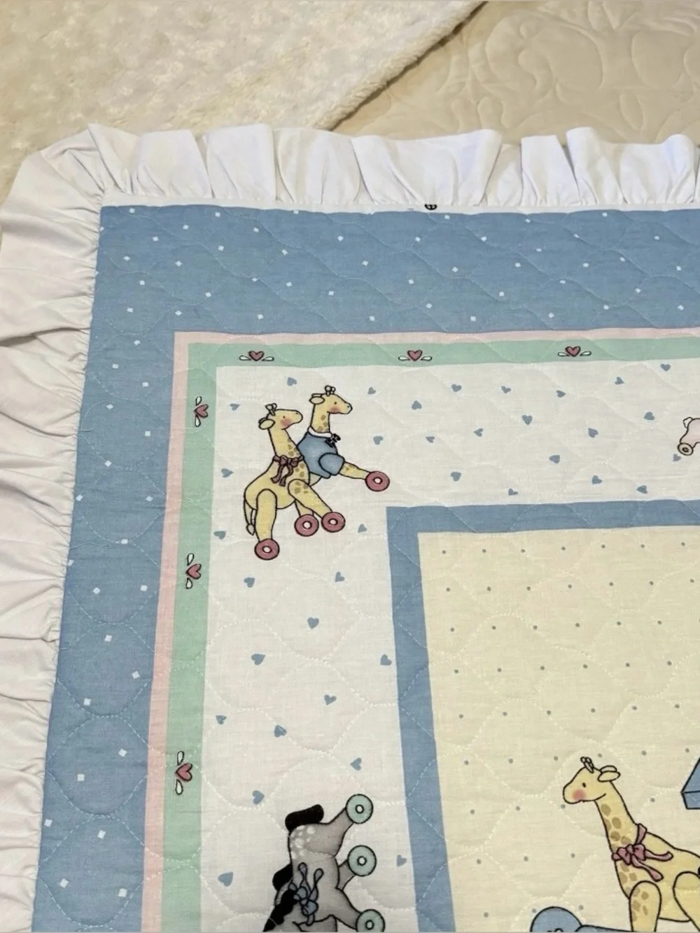 Vintage Handmade Noah’s Ark Baby Quilt, Nursery Ruffle Edge Blanket 48” x 38”